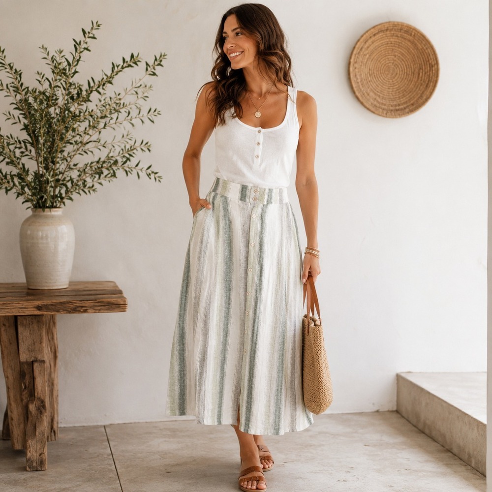 Tregene 100% Linen Maxi Skirt M Stripe Midi Lagenlook Button Front Coastal Gauzy